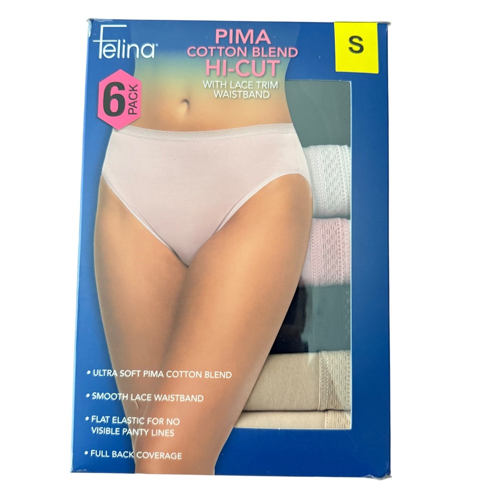 Felina Womens Small 6 Pack Hi-Cut Panties Multi Pima Cotton Blend Lace Trim NEW